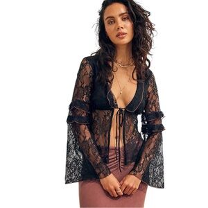 URBAN OUTFITTERS UO Janet Sheer Lace Tie-Front Blouse black bell sleeve, size XS